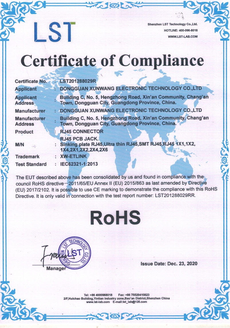 RJ45 ROHS certificate